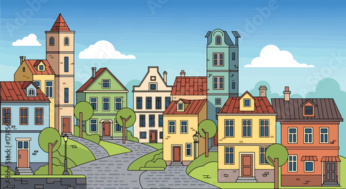 Colorful cartoon illustration of a lively European town street with detailed houses, bright facades, and charming architecture under a blue sky.