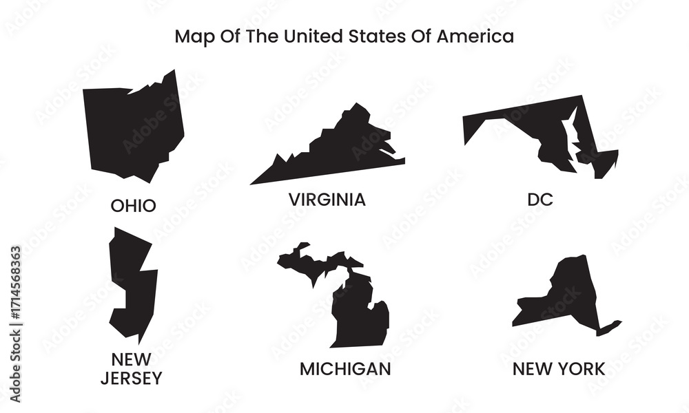 Fototapeta premium United States State Map Vector, USA Silhouette of Ohio Virginia DC Michigan New York