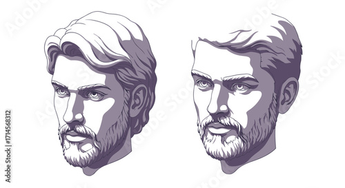 Monochrome portrait of bearded male heads in comic style art