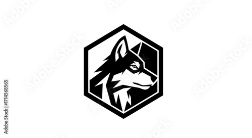 A striking black and white hexagonal logo featuring the head of a wolf in profile.