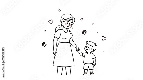 Minimalist line art vector illustration of a mother and child. Elegant, modern, and emotional design suitable for posters, wall art, logos, greeting cards, motherhood concepts, maternity themes