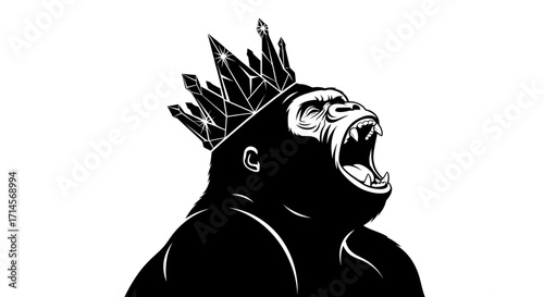 A powerful black and white illustration of a roaring gorilla wearing a jeweled crown, symbolizing strength and royalty.