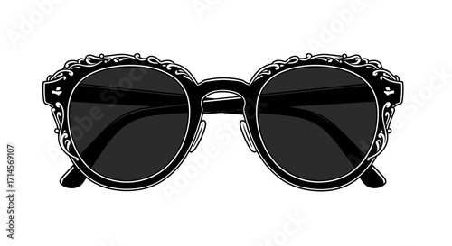 Ornate black sunglasses with decorative frames on white background