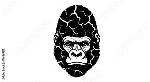 A striking black and white illustration of a gorilla's face with a cracked texture overlay.