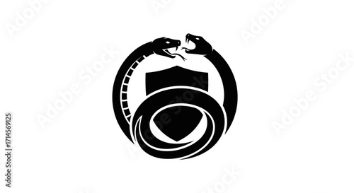 A black and white graphic illustration featuring two snakes coiled around a shield, with their heads facing each other.