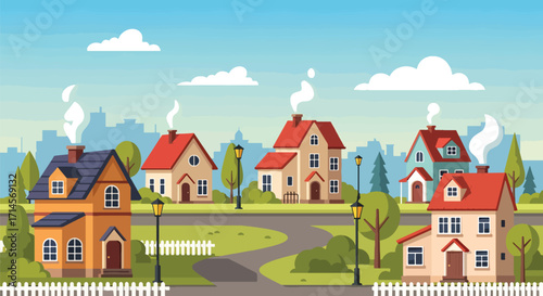 Countryside neighborhood with small village houses, fences, gardens, and clean sky in a charming rural cartoon landscape.
