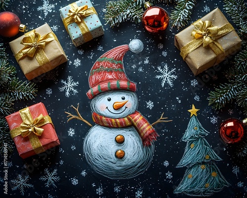 A festive chalk drawing of a snowman gifts and a Christmas tree on a dark blackboard background with snowflakes