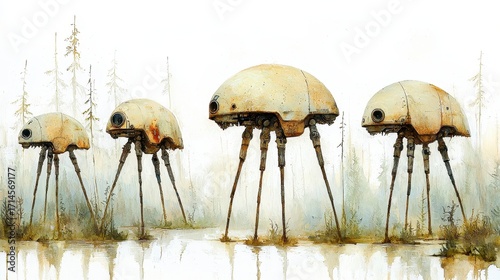 Mechanical Creatures in Tranquil Marshland A Watercolor Painting