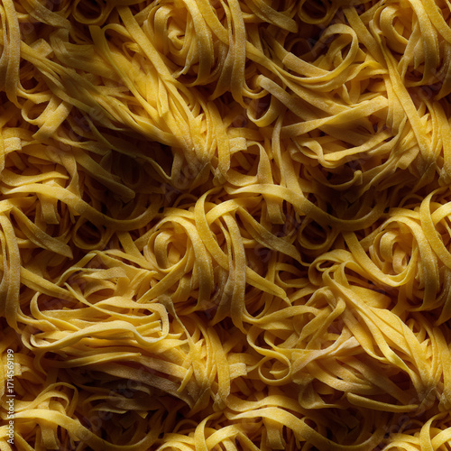 A seamless texture of fresh, uncooked tagliatelle pasta, intricately intertwined and dusted with flour. This detailed pattern captures the essence of homemade Italian cuisine.