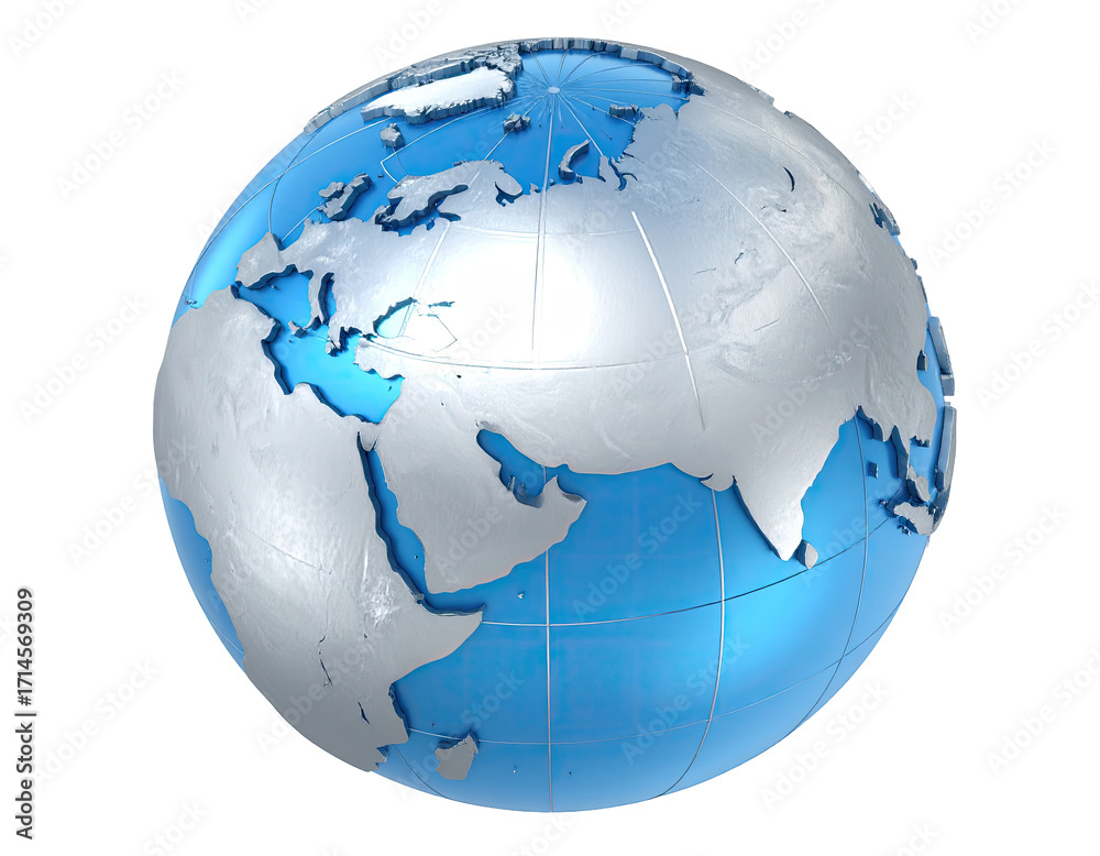 Naklejka premium 3D rendered globe, light gray continents on a light blue background