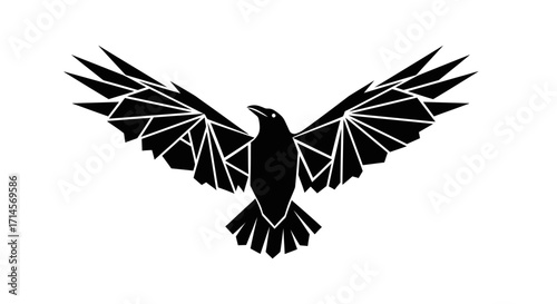 A stylized black raven with geometric wings spread wide against a white background.