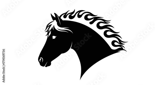A striking black silhouette of a horse's head with a fiery mane, set against a plain white background.