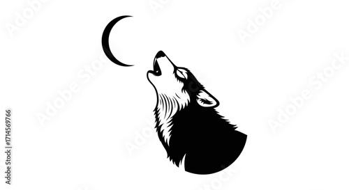 A striking black and white illustration of a wolf howling at a crescent moon.
