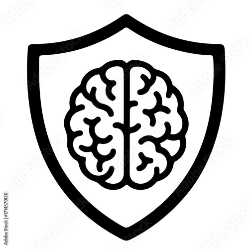 Black and White Shield Icon with Brain for Mental Protection