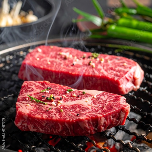 Grilled beef steaks on hot coals