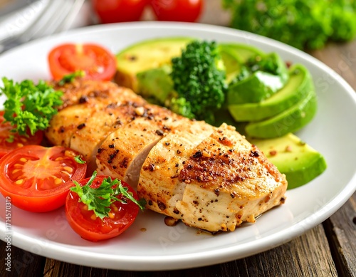 Grilled chicken breast with avocado and tomato salad