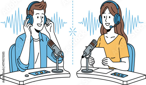 Podcast recording session, audio media production, microphone and headphones setup, broadcasting teamwork, sound wave illustration, modern communication, radio talk