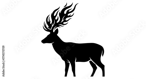 A striking black silhouette of a deer with its antlers engulfed in stylized flames.