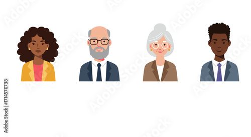 Diverse professional avatars with different hairstyles and outfits in flat design