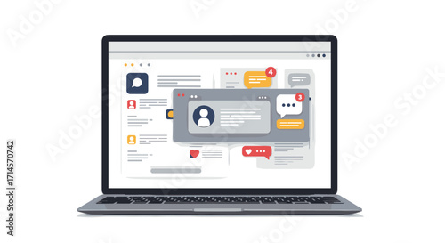 Social media notification and chat interface on modern laptop screen
