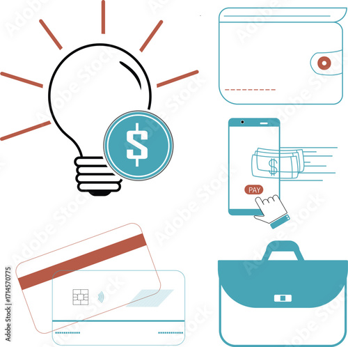 Business and finance related items designs including a lightbulb, wallet, phone, and briefcase