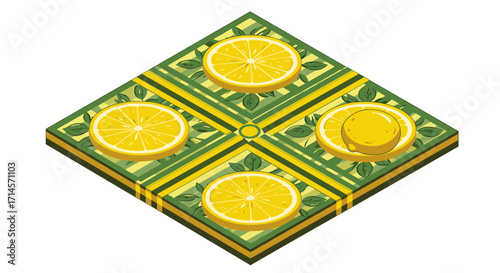 Geometric pattern with lemon slices and leaves on a green checkered background
