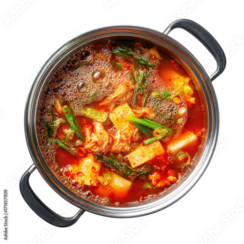Kimchi Soup in a Pot, Top View. Kimchi jjigae