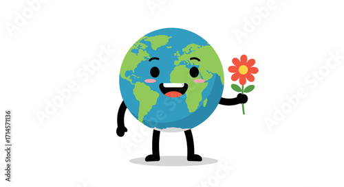 Cute earth character holding flower in simple colorful design