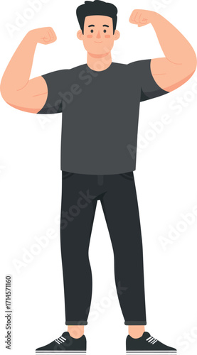 Muscular man showing strength in casual outfit at the gym or fitness center isolated on transparent background. Vector illustration.