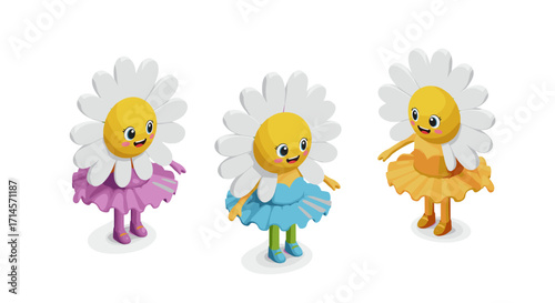 Colorful flower characters in playful dance outfits with cheerful expressions
