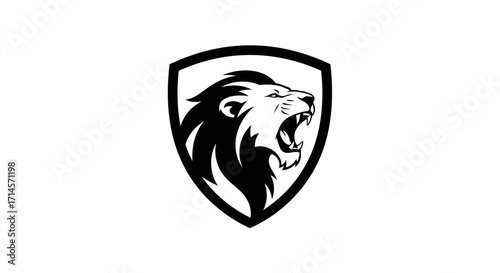 A black and white shield logo featuring a roaring lion's head with a flowing mane.