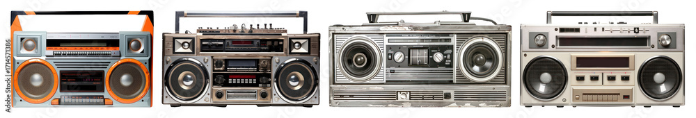 Fototapeta premium PNG Vintage boomboxes showcase retro style, element set on transparent background