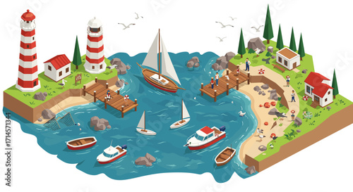 Coastal harbor isometric design with lighthouses and sailing boats