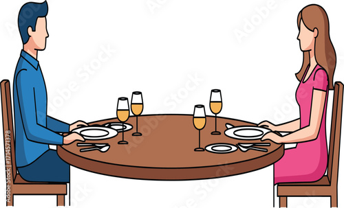 Romantic dinner, couple dining, elegant table setting, wine glasses, formal attire, indoor restaurant, intimate moment, celebration, lifestyle, love, date night, pink dress, blue outfit, 