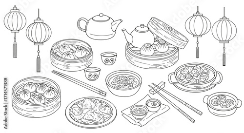 Outline sketch of traditional asian cuisine with lanterns and tea set