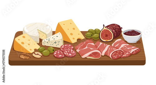 Charcuterie platter with cheese, cold cuts, grapes, and figs on wooden board