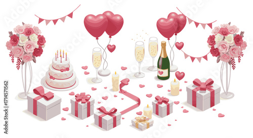 Elegant celebration arrangement with roses, balloons, and gifts