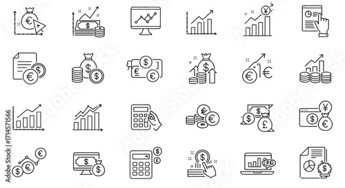 Linear style currency and finance icons for digital financial analysis