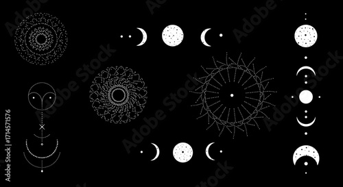 Mystical celestial symbols with moon phases and abstract patterns on black background