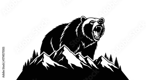 A fierce grizzly bear roars from atop a jagged mountain range, surrounded by pine trees, in a striking black and white illustration.
