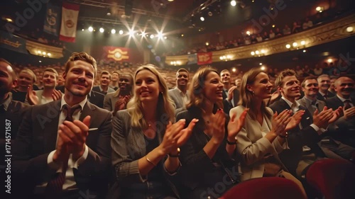 People clapping at event in crowded theater hall with bright stage lights, concept of celebration and collective joy