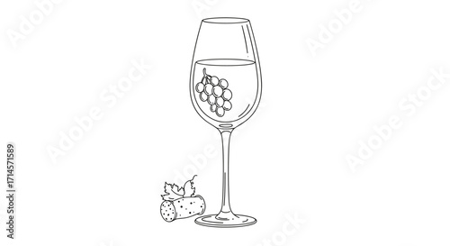 Minimalist wine glass design with grapes and cork