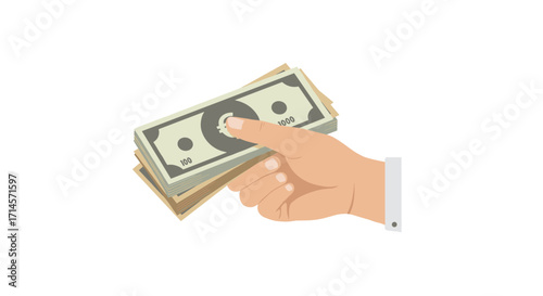 Hand holding stack of money showing financial success in flat design