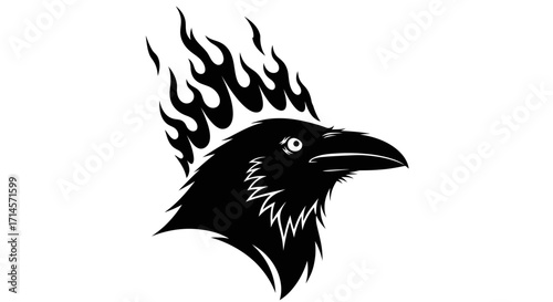 A striking black silhouette of a raven's head with stylized flames erupting from its crown, set against a white background.