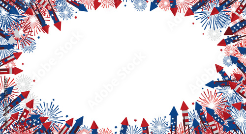 Festive fireworks border with red and blue rocket celebration design
