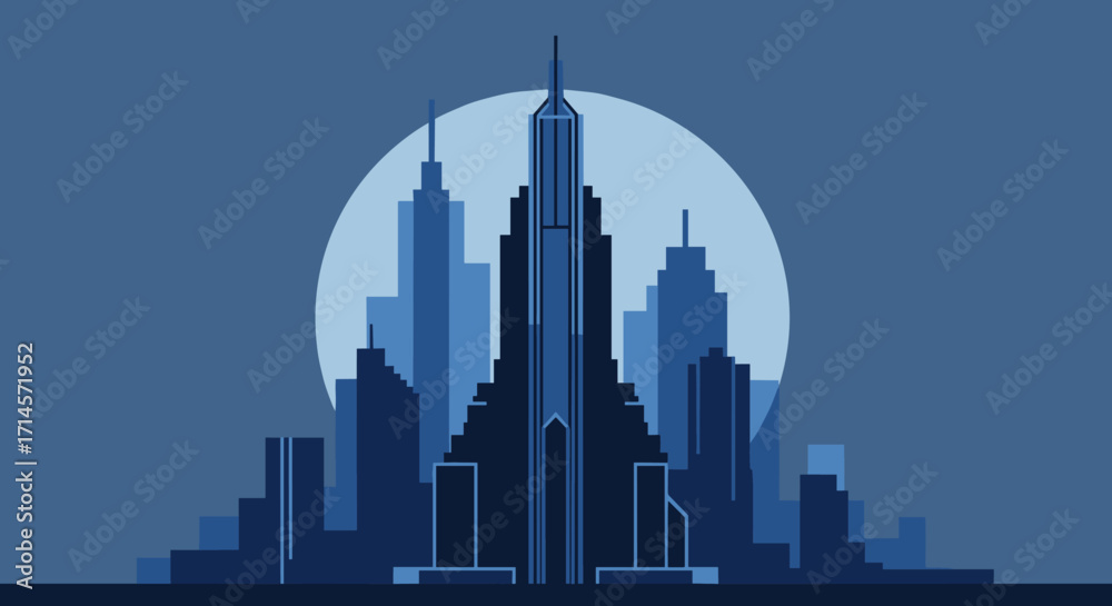 Obraz premium Futuristic blue cityscape silhouette with skyscrapers against moonlit backdrop