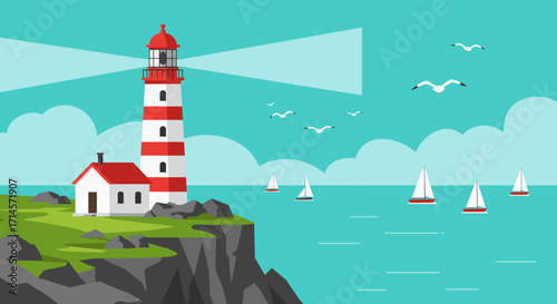 Coastal lighthouse with sailboats and seagulls in flat design