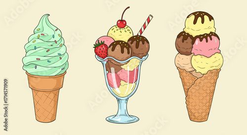 Delightful assortment of flat style ice cream cones and sundae desserts with toppings