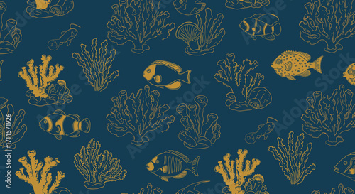 Seamless pattern with tropical fish and coral in vintage style on dark background