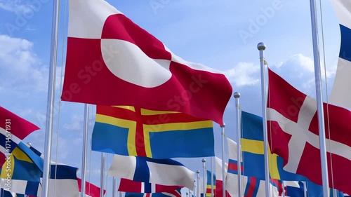 Scandinavian national flags in front of blue sky.
Nordic countries flags. Iceland, Sweden, Finland, Norway, Denmark. Scandinavia